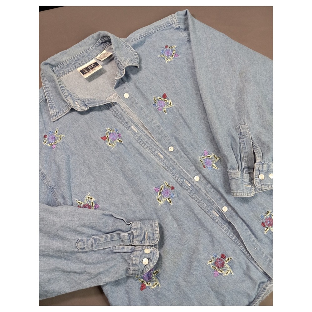 VTG 90s Bill Blass Floral Embroidered Denim Shirt 1X Plus Size 100% Cotton